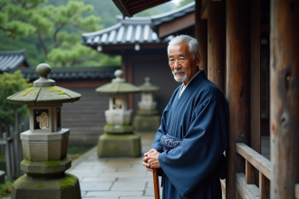 Homme japonais âgé en kimono indigo près d’un sanctuaire