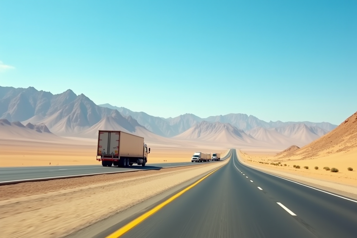 Autoroute dans le désert de Gobi avec camions modernes