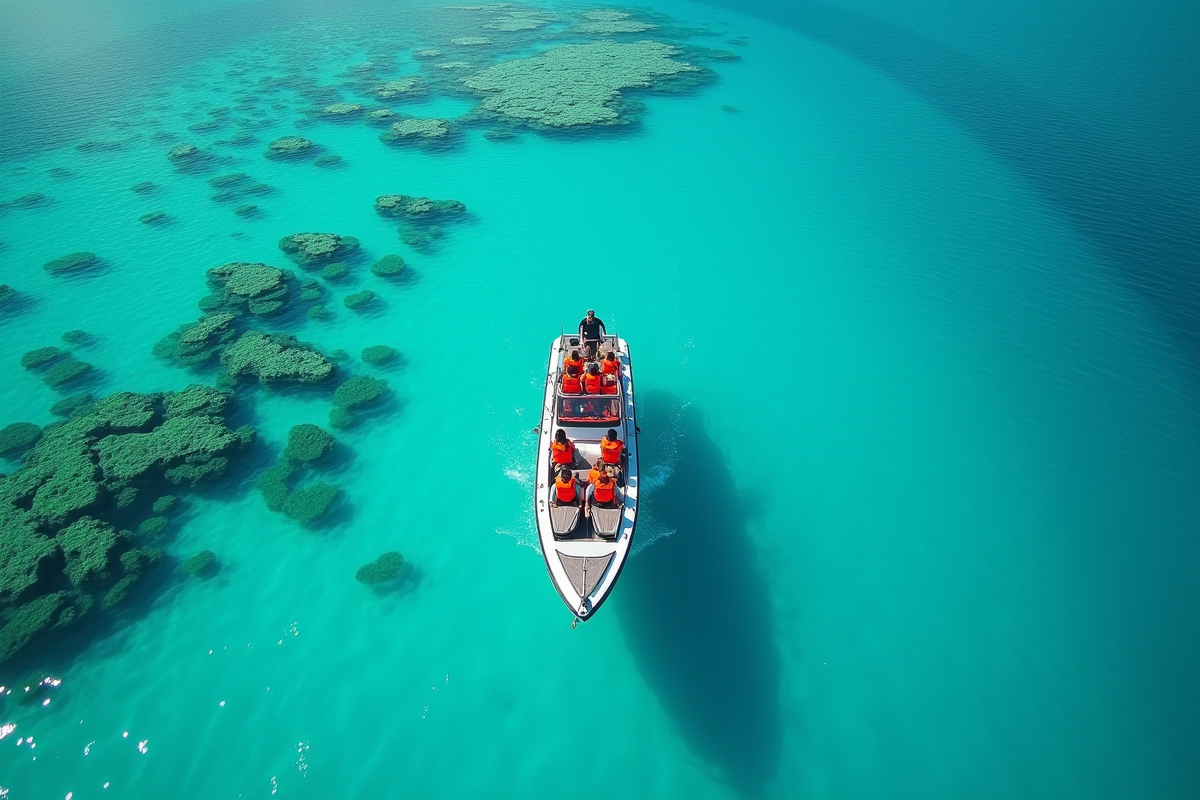 Petit bateau avec touristes au-dessus d