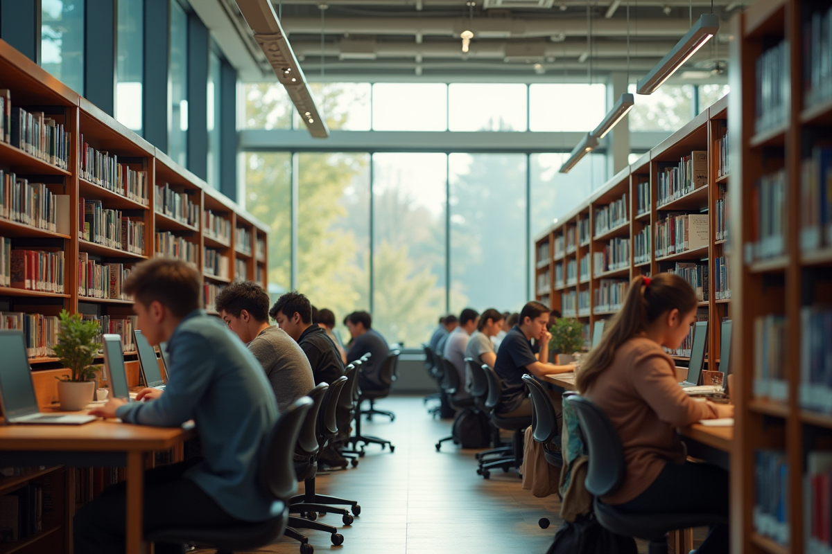Intérieur d'une bibliothèque moderne avec des lecteurs divers