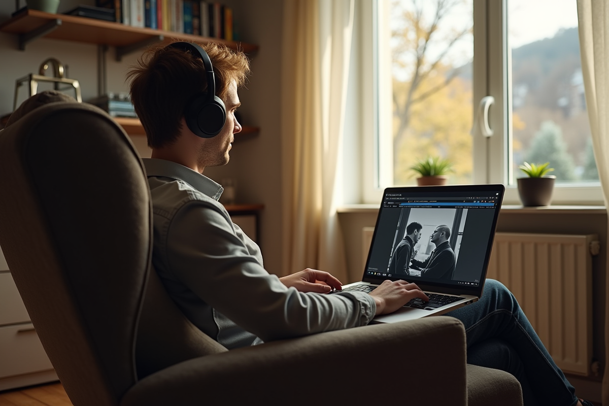 Personne regardant film noir sur ordinateur dans un bureau lumineux