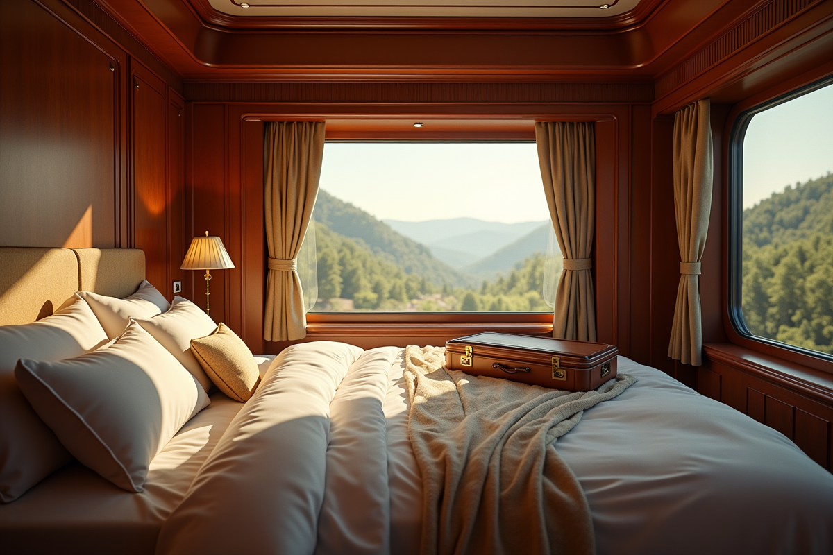 Cabine de train privée avec literie et détails art deco