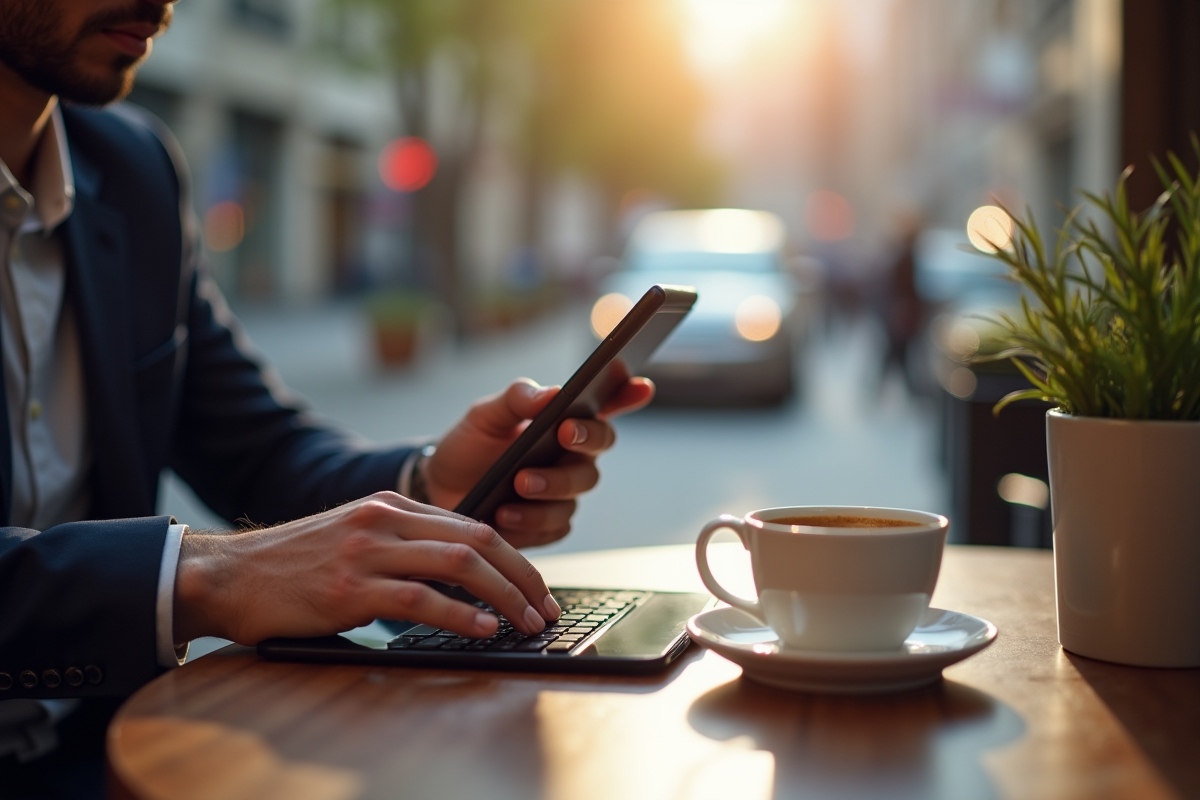 Jeune professionnel calculant le coût d une course VTC sur tablette