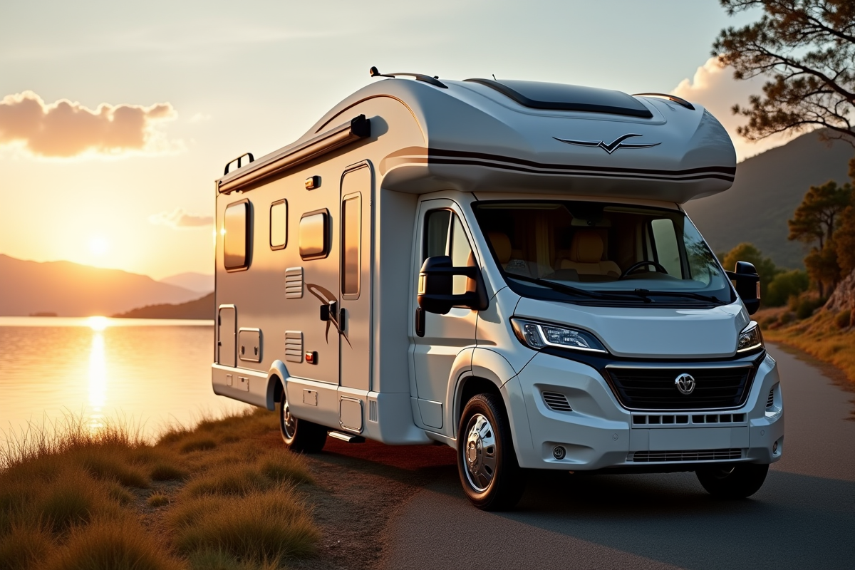 Camping-car de luxe au bord du lac au lever du soleil