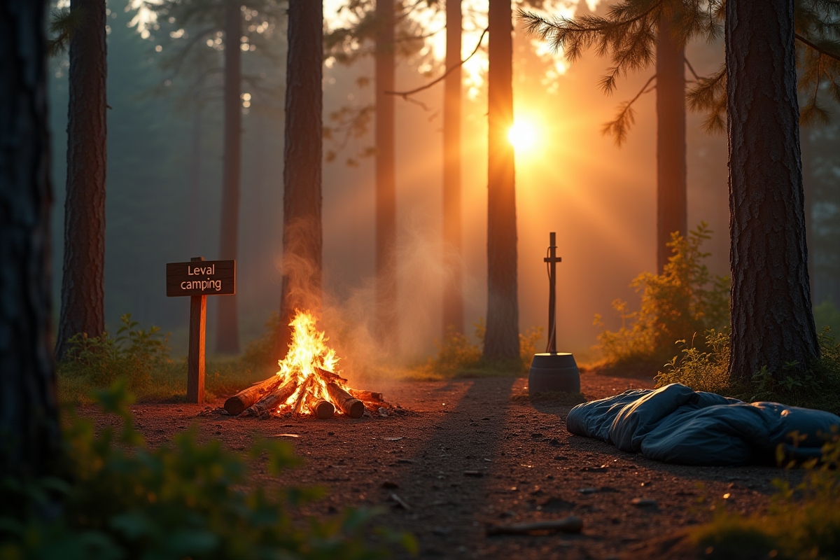 Campsite au lever du soleil avec feu de camp et brume