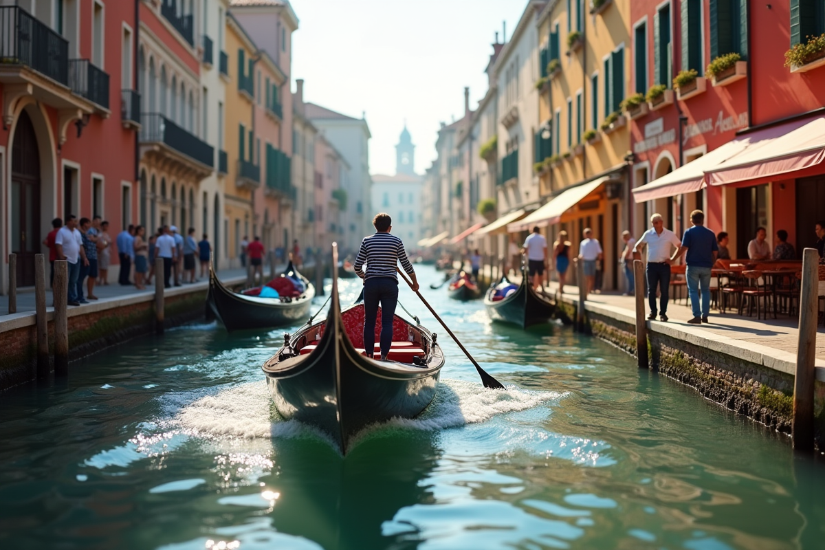 Canal animé de Venise avec Vaporetto et passagers