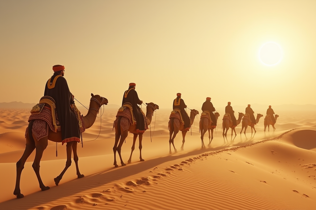 Caravane de voyageurs en robes royales traversant le désert ensoleille