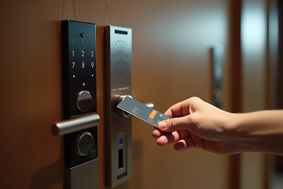 Main utilisant une carte pour déverrouiller une porte de capsule hôtel