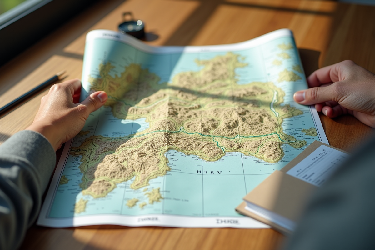 Mains tenant une carte topographique déployée sur une table en bois