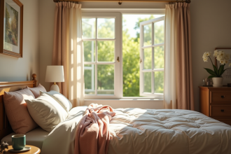 Chambre lumineuse avec lit fait et vue sur jardin