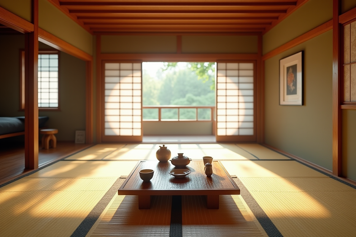Chambre minimaliste avec tatamis et lumière naturelle