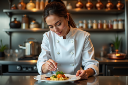Chef femme en cuisine garnissant un plat sophistiqué