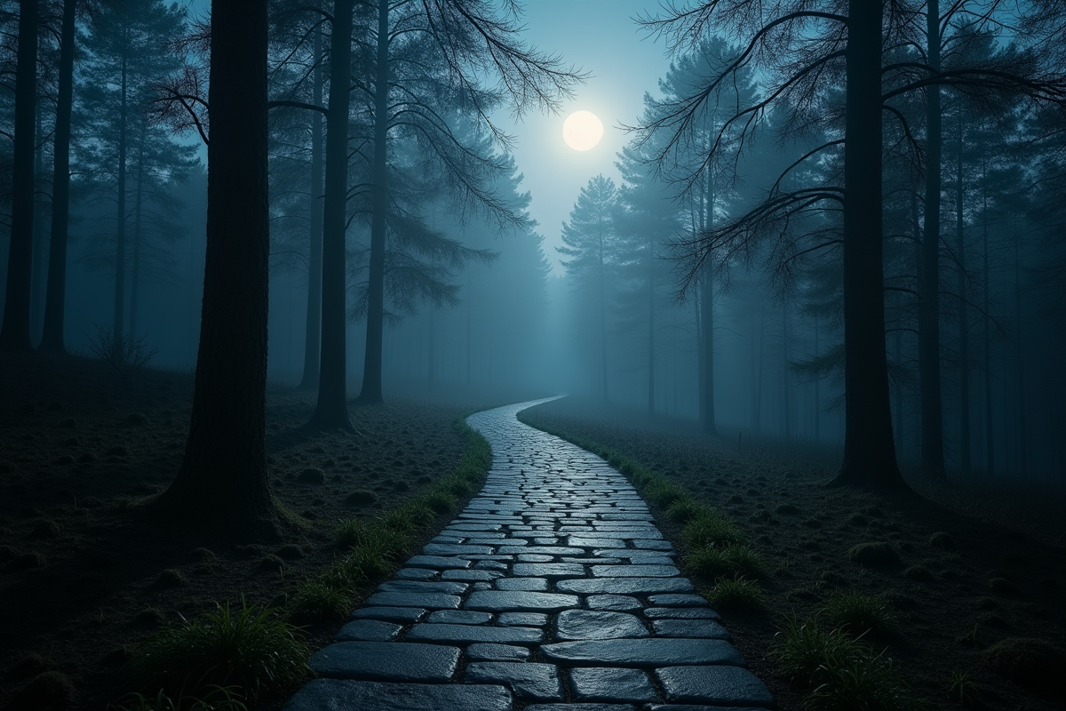 Chemin ancien dans une forêt brumeuse la nuit