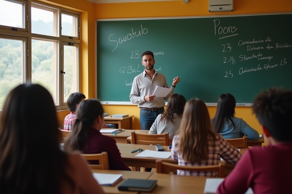 Classe en Patagonie avec enseignant et eleves en discussion