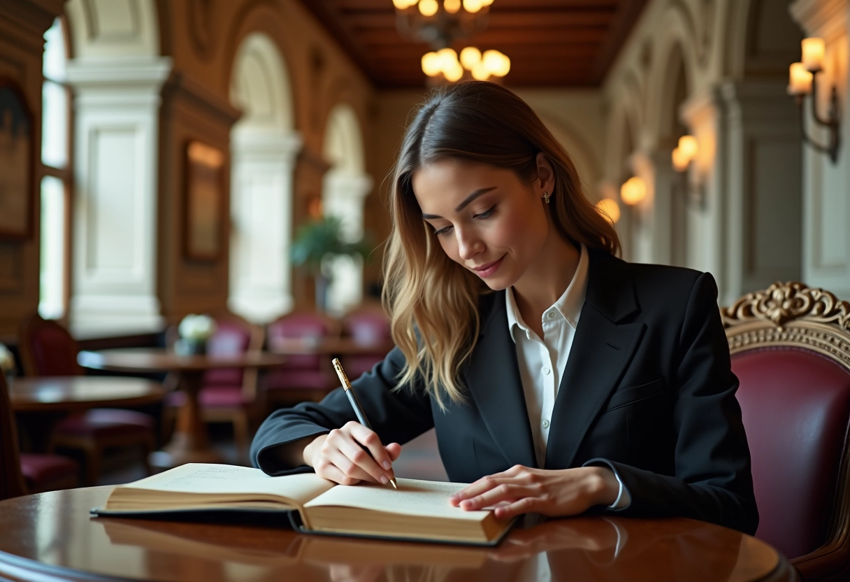 Jeune femme lisant un guestbook dans un grand hall d