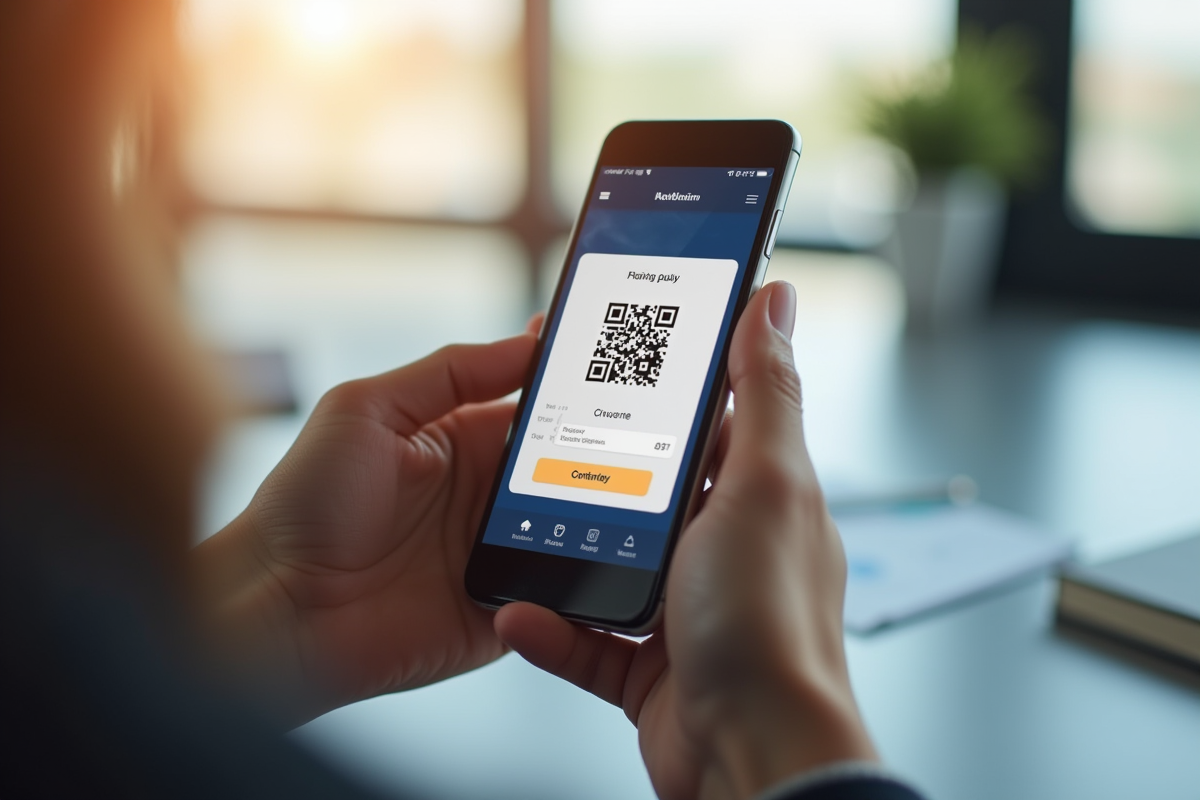 Mains tenant un smartphone avec code QR d