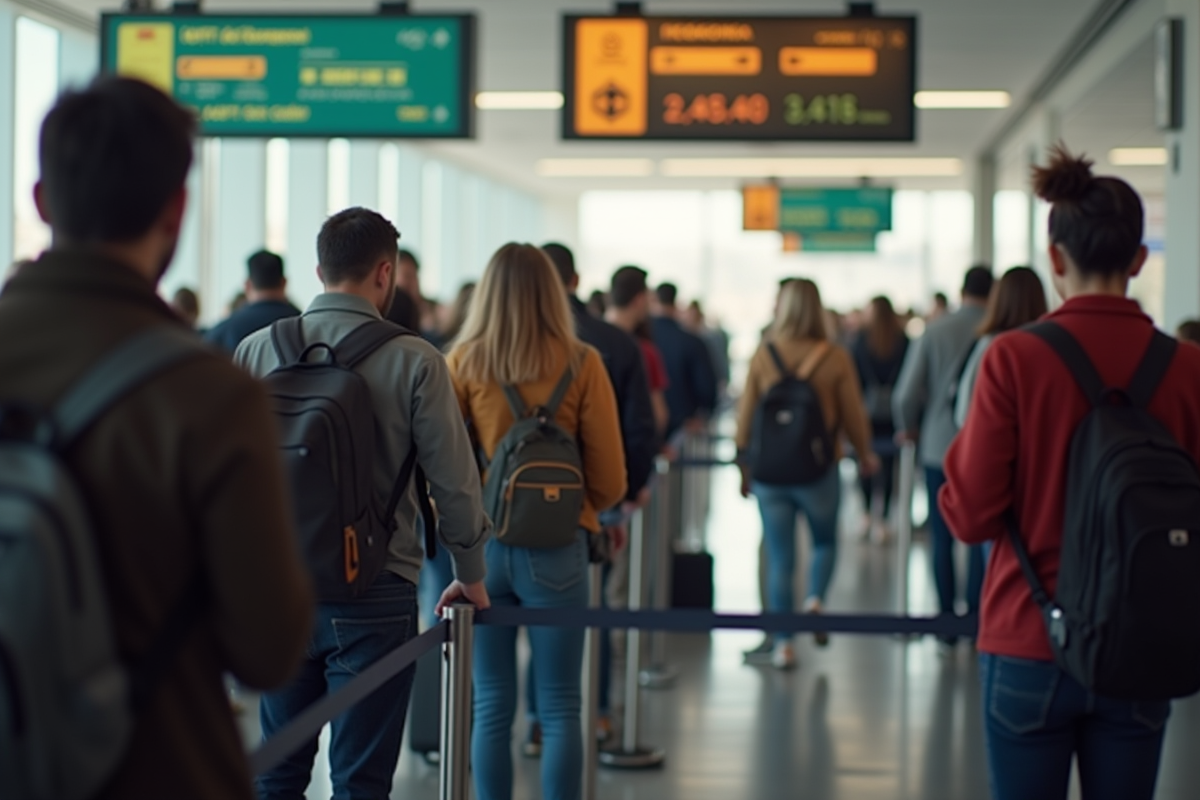 Voyageurs en file au contrôle frontière en Espagne