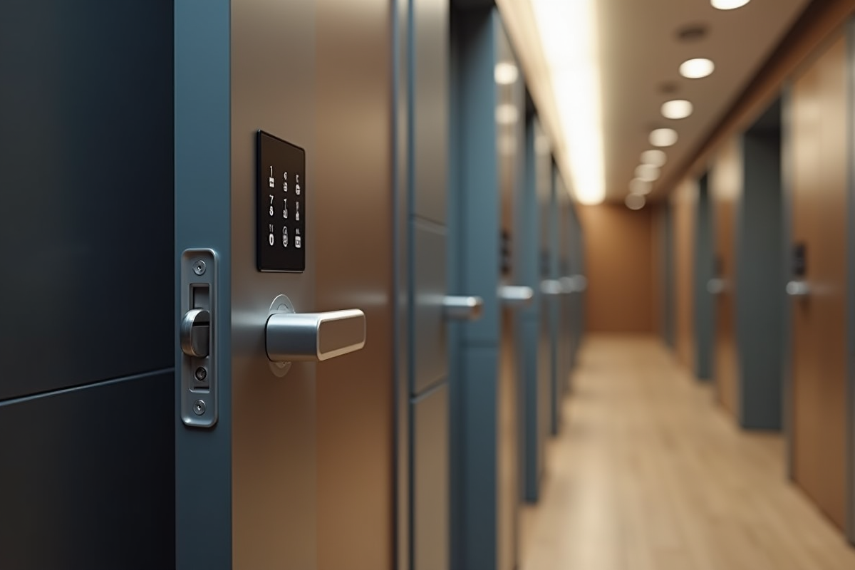Couloir d'hôtel capsules avec porte légèrement ouverte et serrure électronique