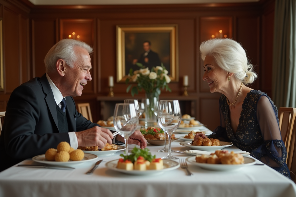 Couple âgé dégustant un repas dans une salle raffinée