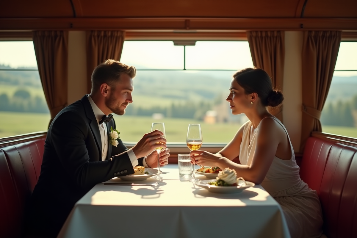 Couple élégamment habillé dinant dans un train vintage luxueux