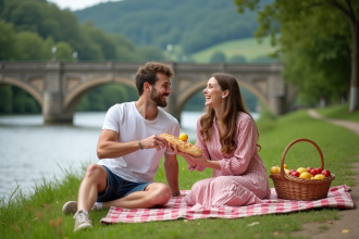 Jeune couple en pique-nique au bord de la Moselle