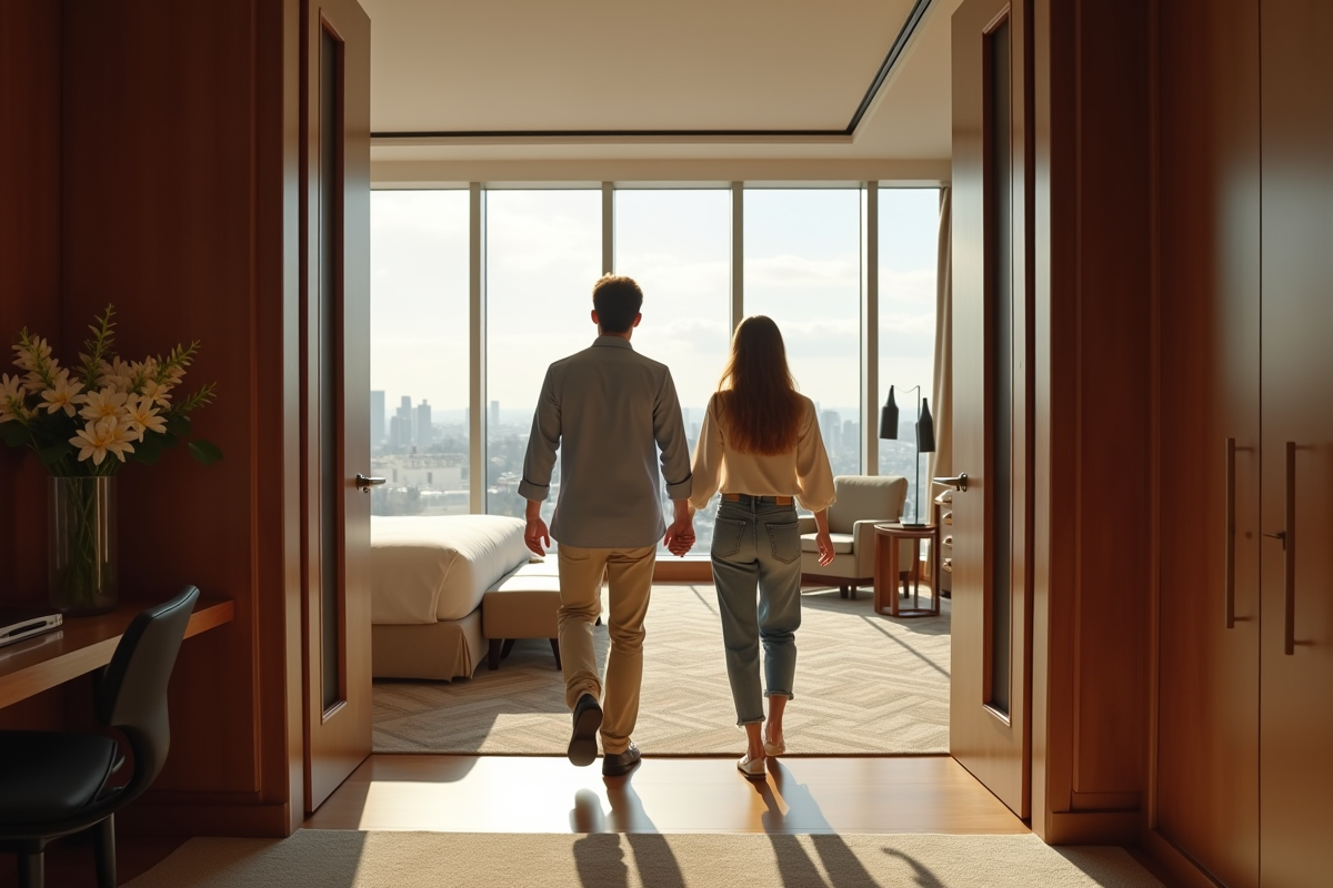 Jeune couple entrant dans une suite d hôtel avec vue urbaine