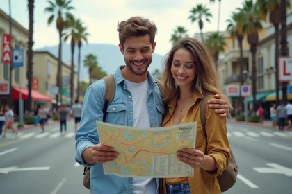 Jeune couple souriant avec carte &agrave; Los Angeles