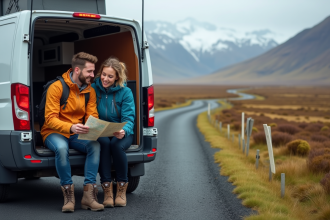 Jeune couple en randonnée près d un van en Islande
