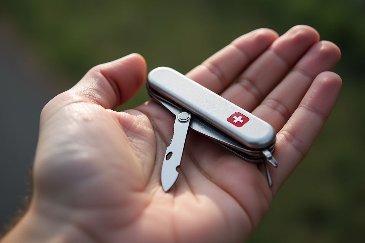 Couteau suisse sur la paume en lumière naturelle