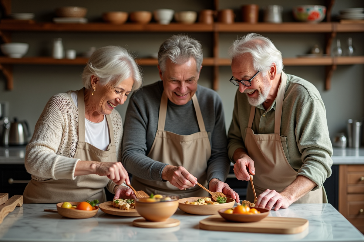 Trois seniors préparant un plat régional en cuisine chaleureuse