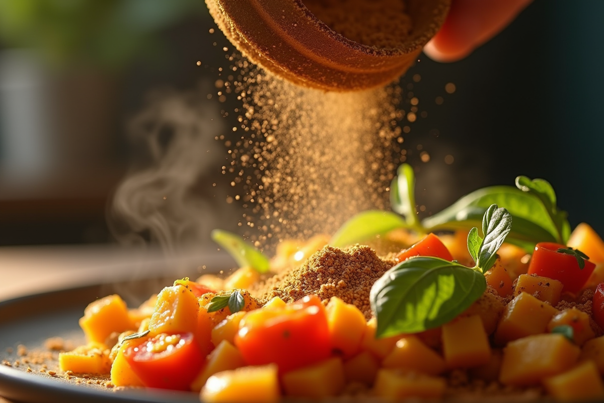 Cumin moulu saupoudré sur plat de légumes colorés