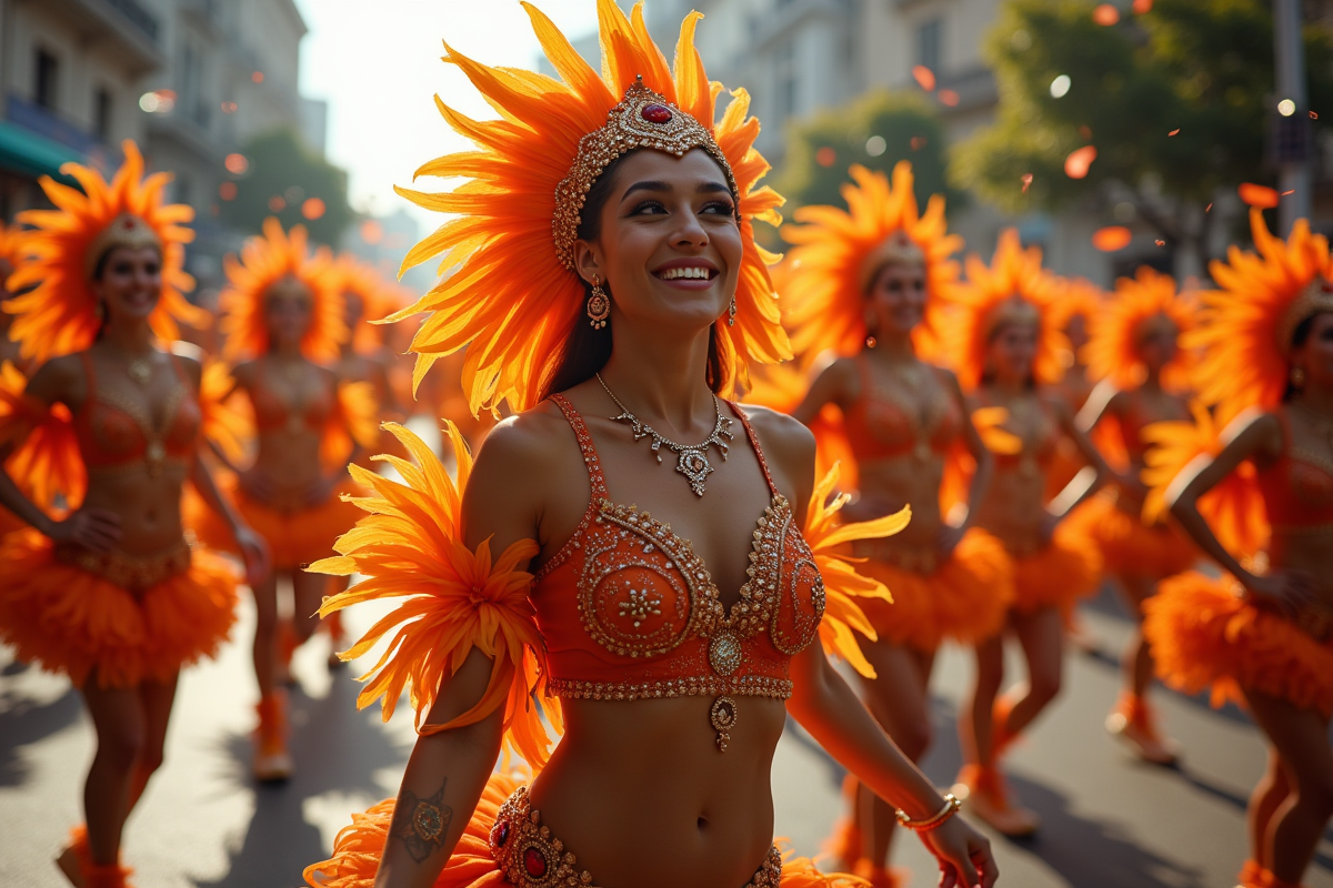 Groupe de danseurs samba colorés dans les rues de Rio