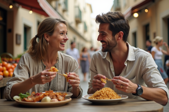 Femme et jeune homme dégustant des plats traditionnels au marché