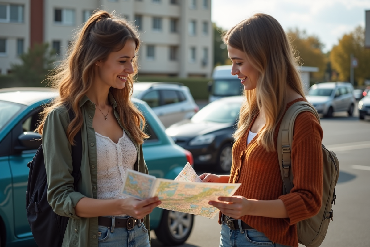 Deux femmes discutant avec une voiture en arrière-plan