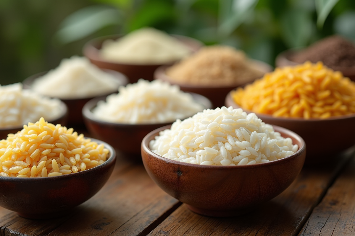 Différents types de riz vietnamien en bols en céramique