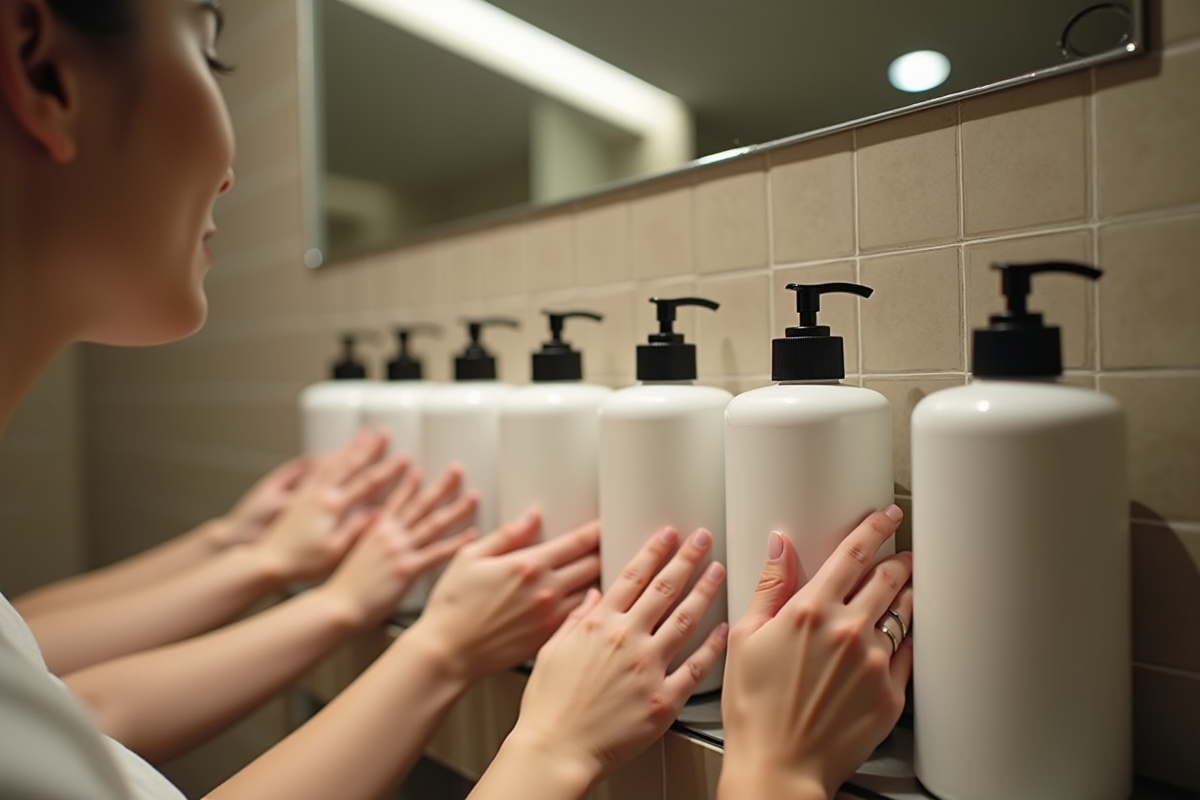 Espace douche partagé dans un hotel capsule avec mains et shampoings