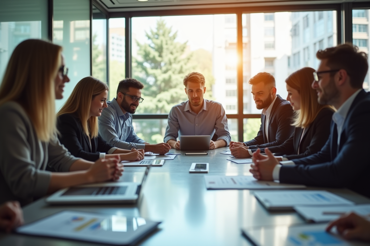 Groupe de professionnels en réunion dans un bureau lumineux