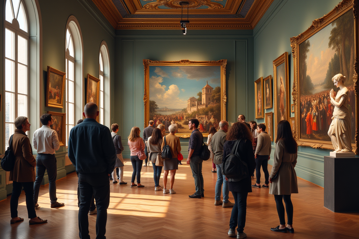 Visiteurs admirant des œuvres françaises dans une exposition à l