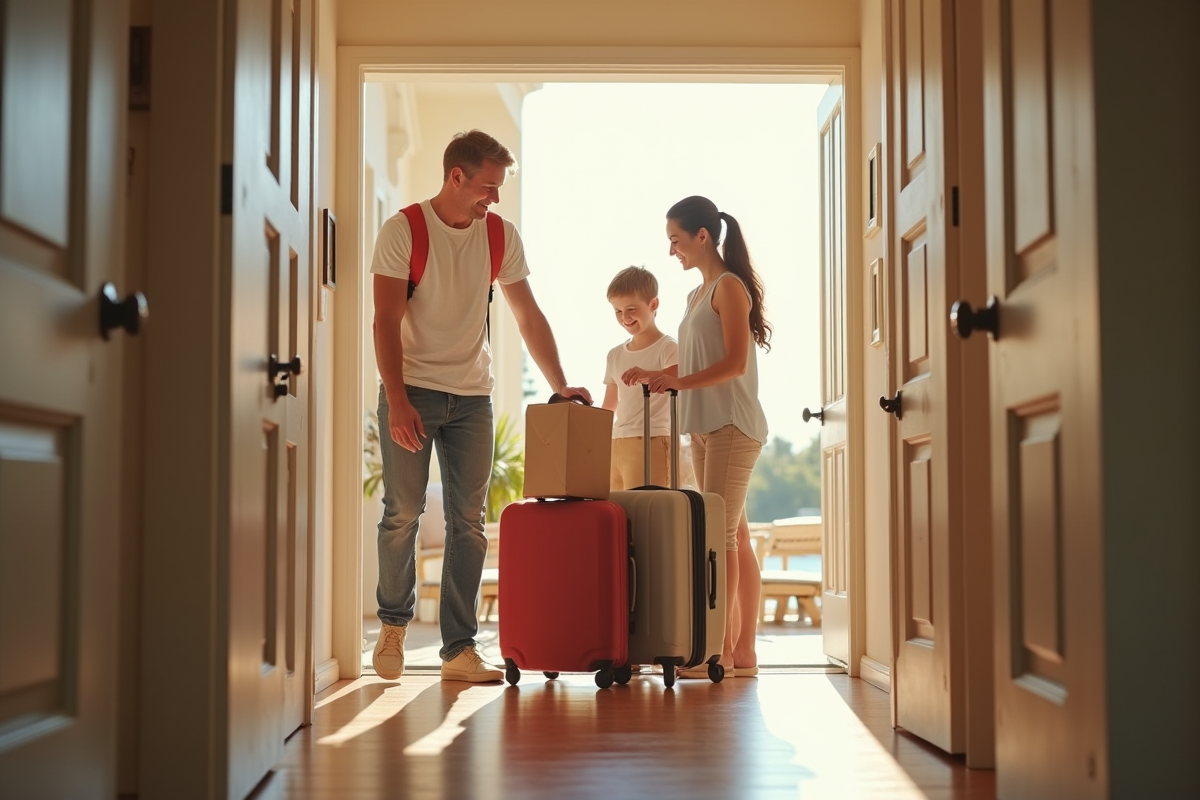 Famille heureuse déballant leurs bagages à l entrée