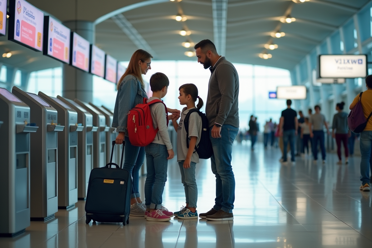 Famille de quatre s enregistrant à un kiosque à l aéroport