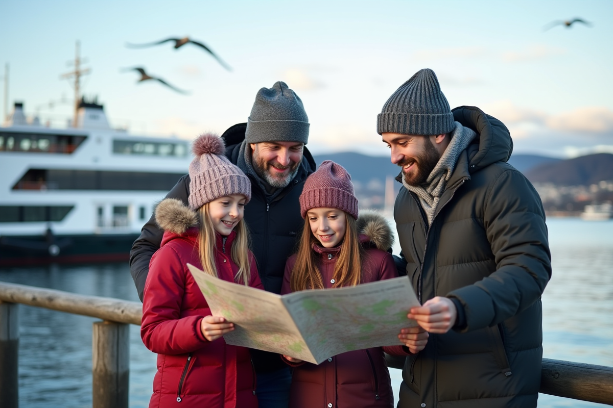 Famille avec carte sur le quai d
