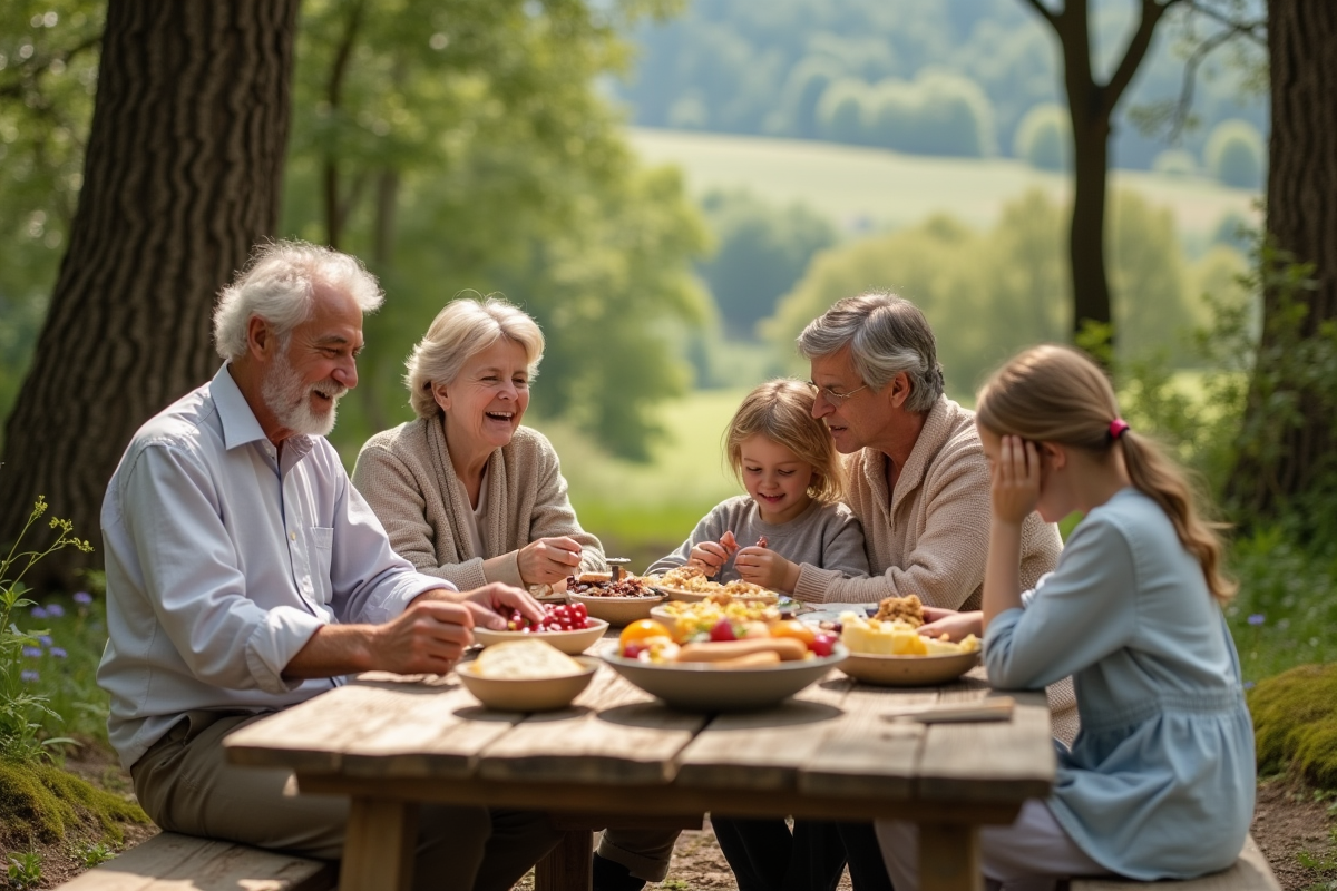 Famille multigénérationnelle en pique-nique en forêt