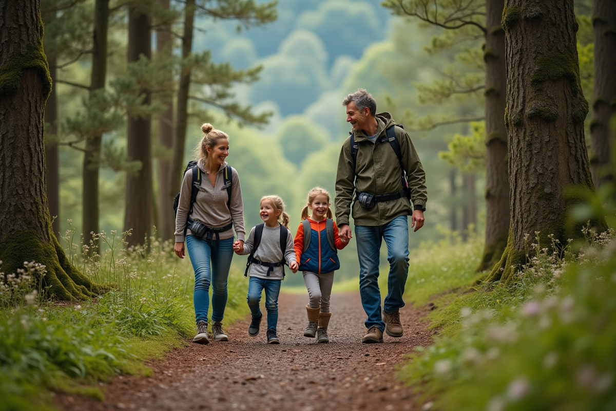 Famille heureuse marche dans la forêt près de Thionville