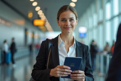 Femme d affaires à l aéroport avec passeport et boarding pass