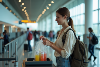 Femme en voyage à l'aéroport vérifiant un sac plastique