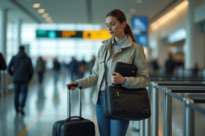Jeune femme à l'aéroport compare ses sacs de voyage