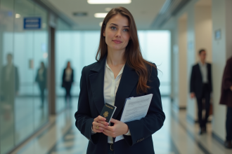 Jeune femme dans un consulat français avec passeport