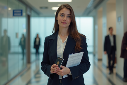 Jeune femme dans un consulat fran&ccedil;ais avec passeport