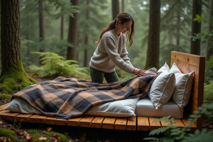 Jeune femme dans la forêt arrangeant un lit en bois