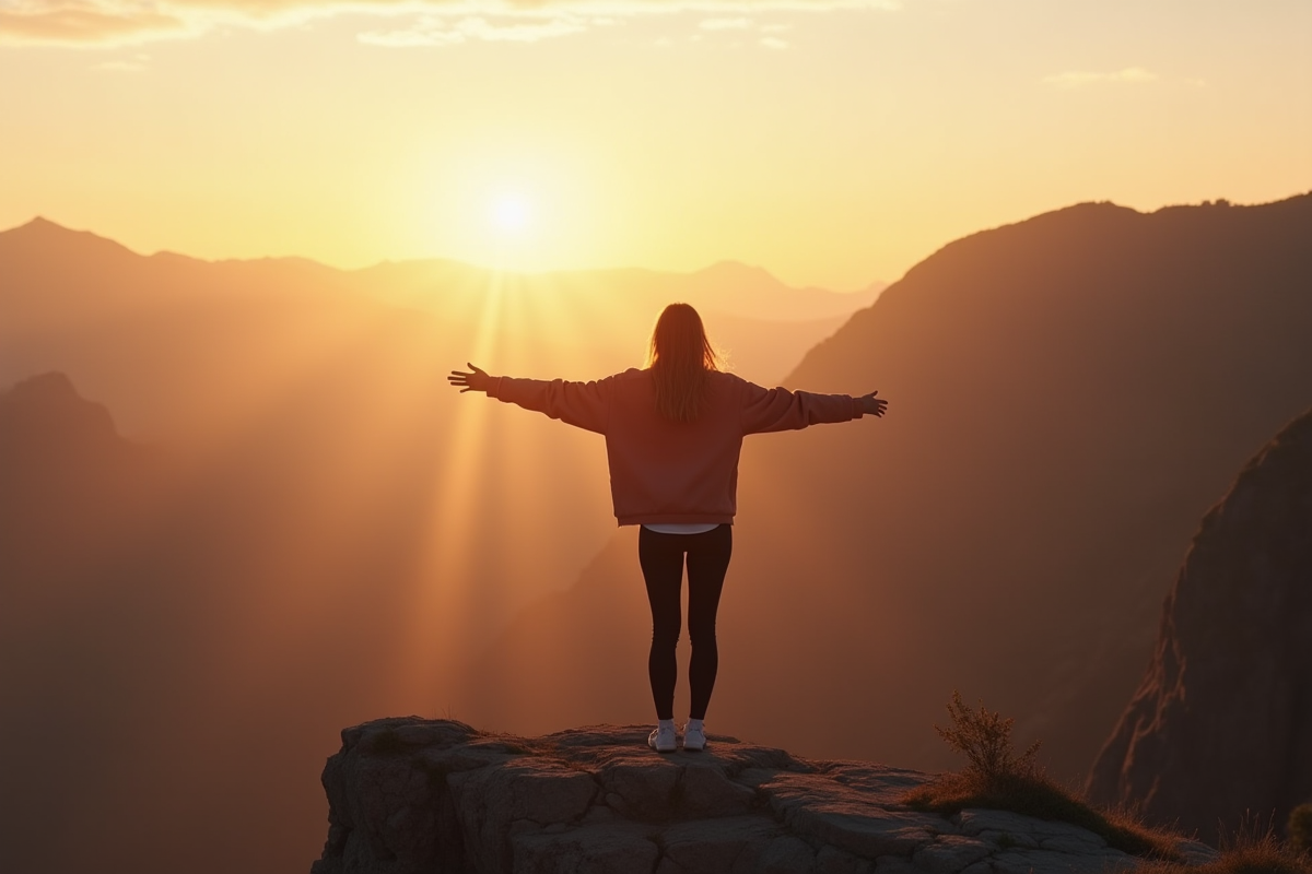 Jeune femme souriante sur une falaise au lever du soleil